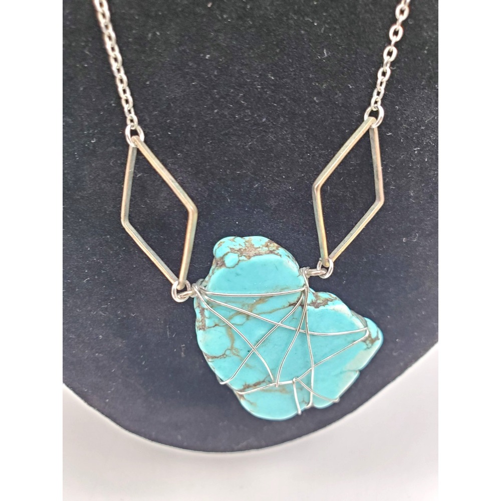 Artist Design Silver Tone Turquoise Chunk 16" Necklace Signed "J"